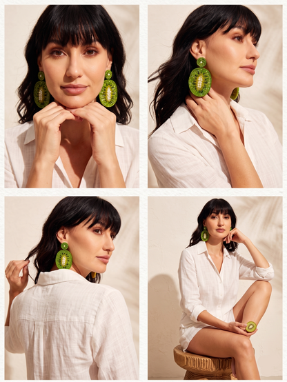 Big Green Kiwi Earrings With Citrine Bead Detailing