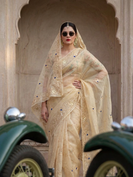Premium Tissue Organza Saree With Peacock Embroidery And Elegant Floral Border Design