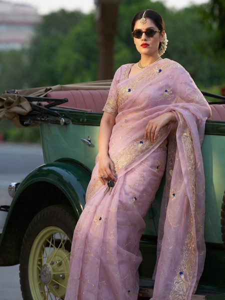 Premium Tissue Organza Saree With Peacock Embroidery And Elegant Floral Border Design