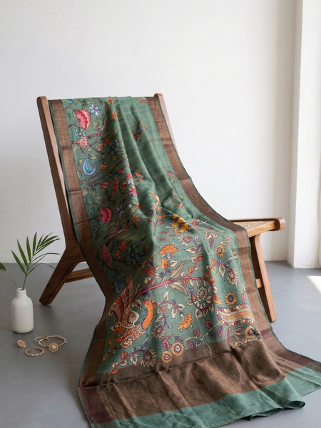 Elegant Crepe Silk Saree with Artistic Digital Floral & Bird Design