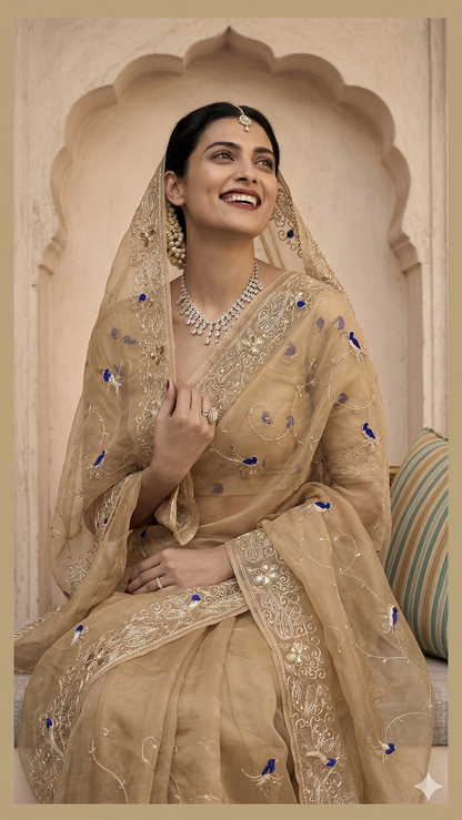 Peacock Resham Embroidery On Tissue Organza Silk · 40 Artisan Hours of work · The Noor Edit