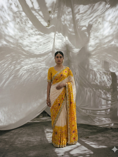 Graceful Pure Munga Silk Patola Inspired Saree With Zardozi & Pearl Handwork