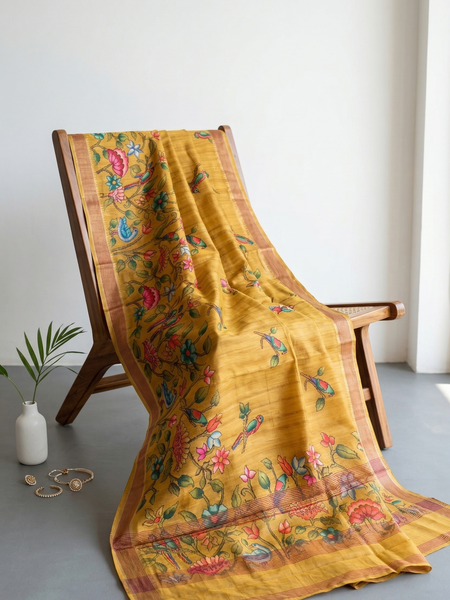 Elegant Crepe Silk Saree with Artistic Digital Floral & Bird Design