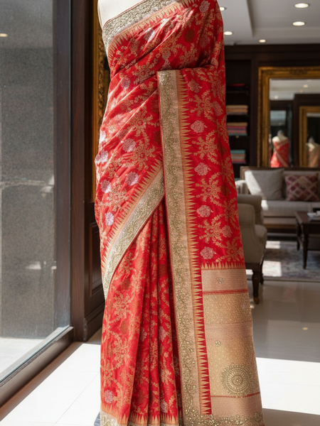 Pure Katan Silk Banarasi Saree with Zardozi, Sequins, Pearl & Gotta Patti Hand Embroidery – Regal Red