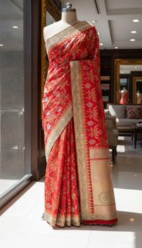 Pure Katan Silk Banarasi Saree with Zardozi, Sequins, Pearl &amp; Gotta Patti Hand Embroidery – Regal Red