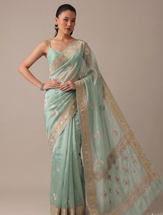 Gotta Patti Zardozi And Pearl On Tissue Banarasi Silk · 60 Artisan Hours of work · The Zari Edit
