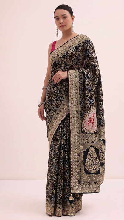 Zardozi Gotta Patti Pearl And Sequins On Khaddi Georgette Banarasi · 68 Artisan Hours of work · The Mehfil Edit