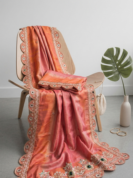 Luxury Tissue Cosmo Munga Silk Saree With Hand Zardozi Stone Embroidery Border