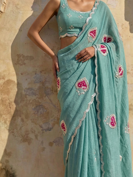 Designer Chinon Crush Saree With Zardozi Embroidery Butti And Scalloped Border Finish