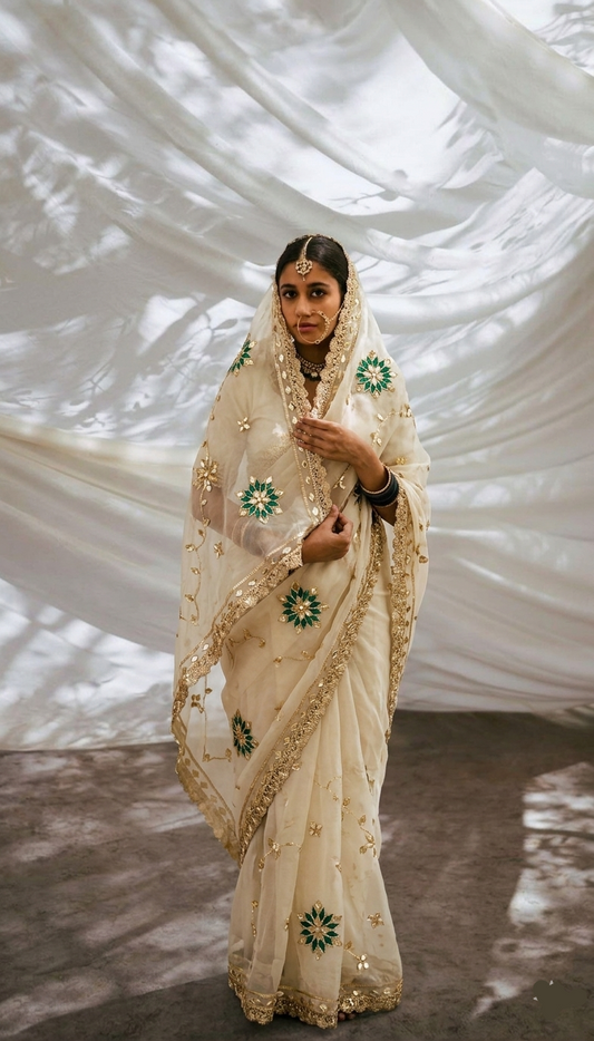 Sikhiya Gotta Patti On Pure Chiffon · 52 Artisan Hours of work · The Phoolwari Edit
