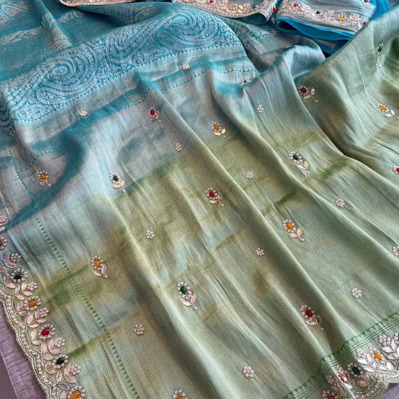 Pure Khaddi Georgette Silk Saree with Pearl & Zardozi Embroidery