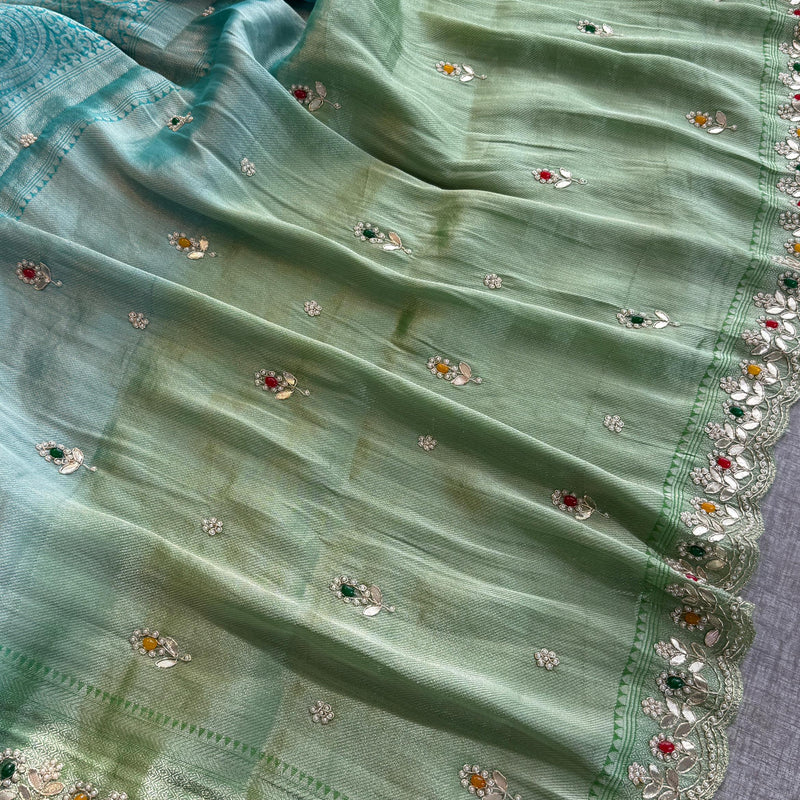 Pure Khaddi Georgette Silk Saree with Pearl & Zardozi Embroidery