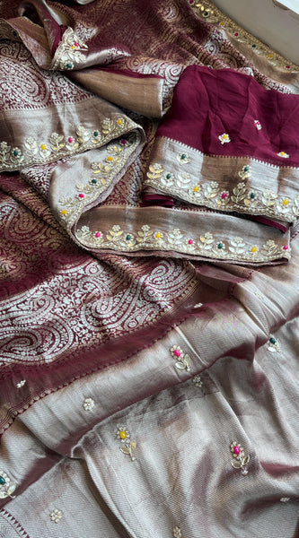 Pure Khaddi Georgette Silk Saree with Pearl & Zardozi Embroidery