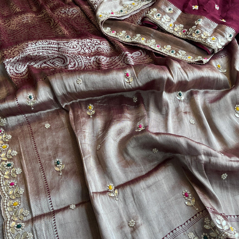 Pure Khaddi Georgette Silk Saree with Pearl & Zardozi Embroidery