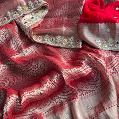 Pure Khaddi Georgette Silk Saree with Pearl & Zardozi Embroidery