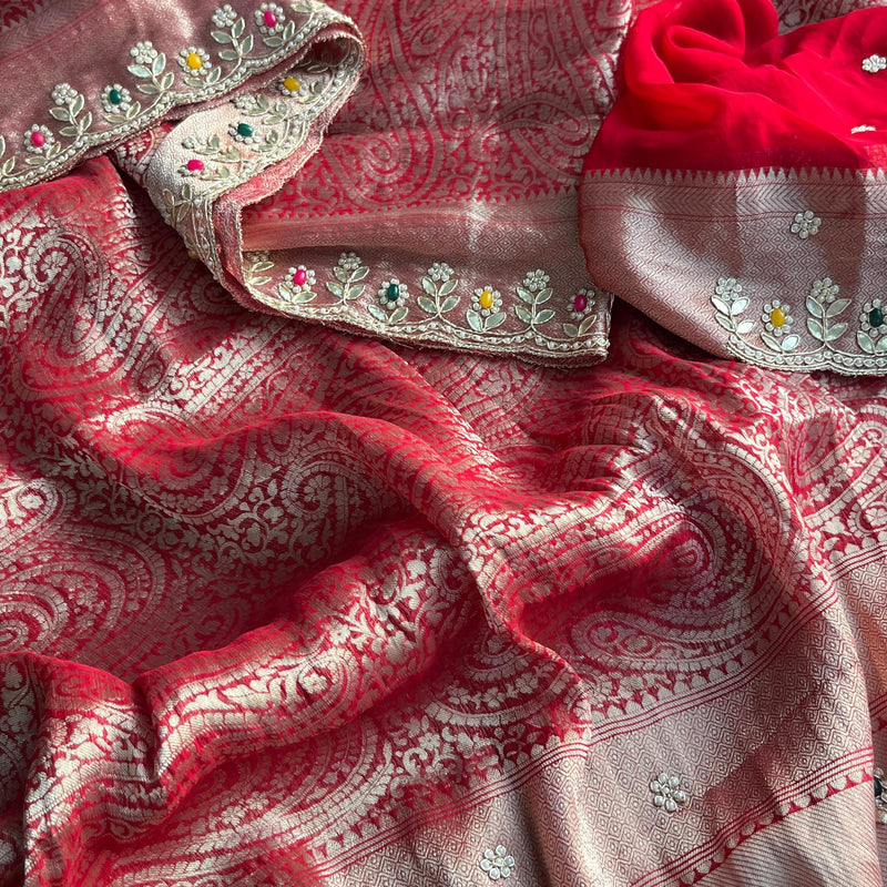 Pure Khaddi Georgette Silk Saree with Pearl & Zardozi Embroidery