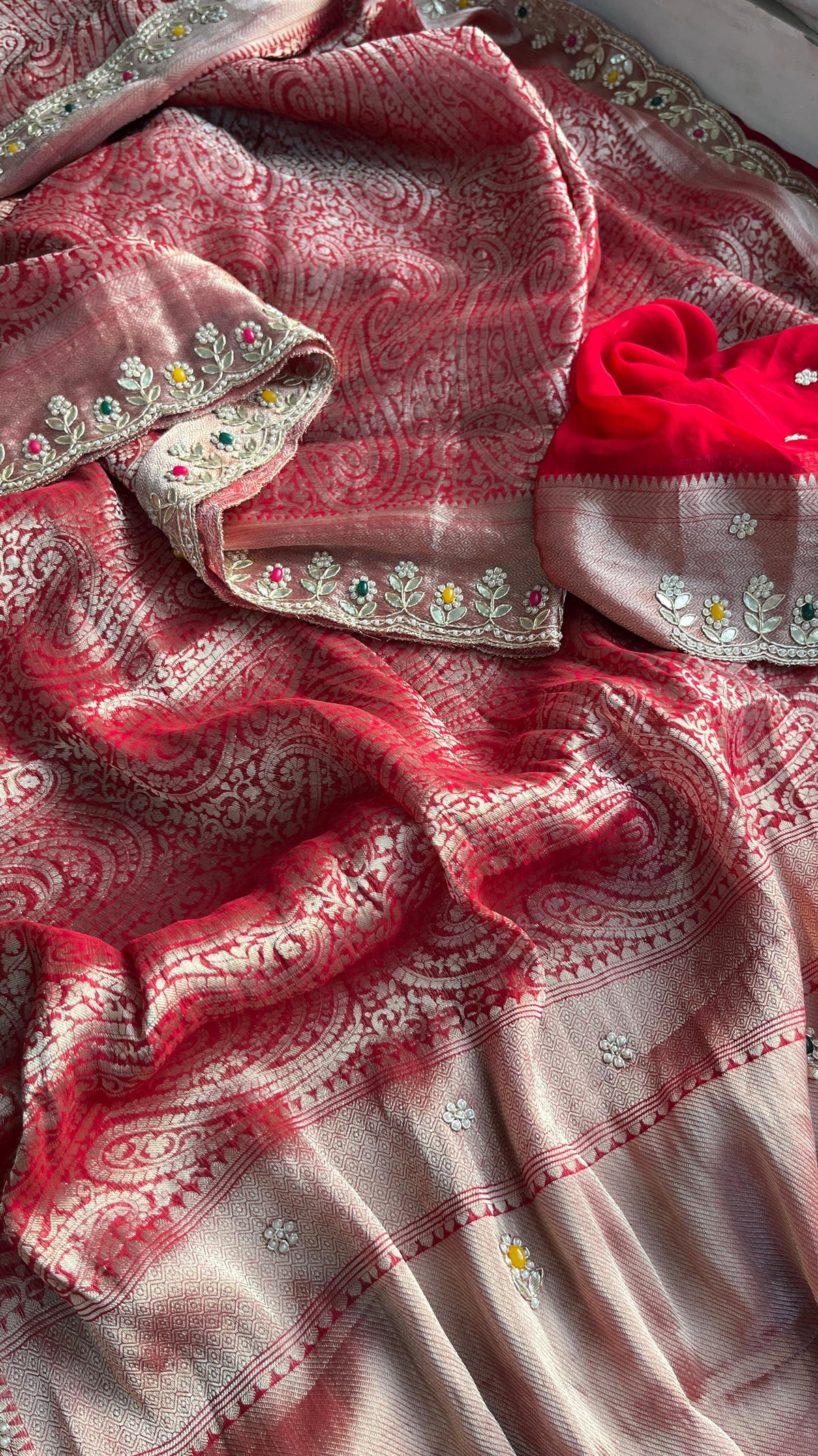 Pure Khaddi Georgette Silk Saree with Pearl & Zardozi Embroidery