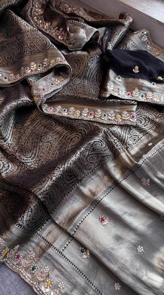 Pure Khaddi Georgette Silk Saree with Pearl & Zardozi Embroidery