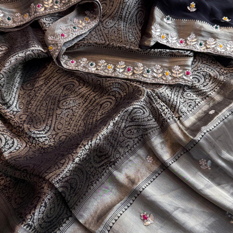 Pure Khaddi Georgette Silk Saree with Pearl & Zardozi Embroidery
