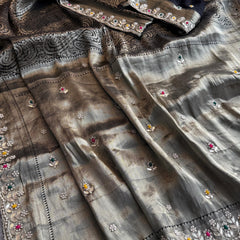 Pure Khaddi Georgette Silk Saree with Pearl & Zardozi Embroidery
