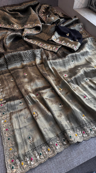 Pure Khaddi Georgette Silk Saree with Pearl & Zardozi Embroidery