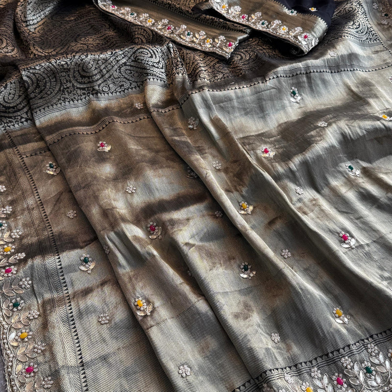 Pure Khaddi Georgette Silk Saree with Pearl & Zardozi Embroidery