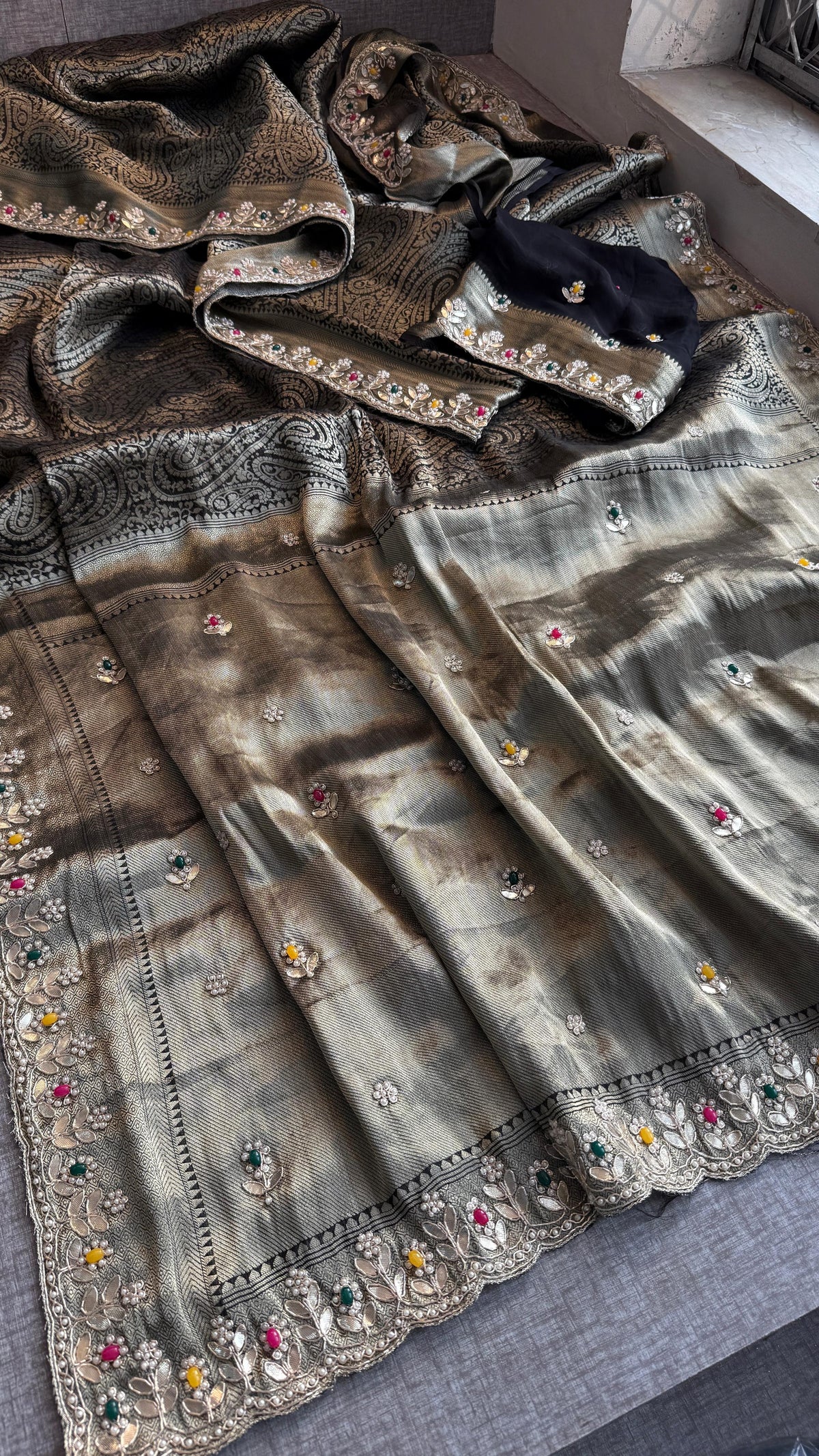 Pure Khaddi Georgette Silk Saree with Pearl & Zardozi Embroidery