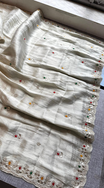 Pure Khaddi Georgette Silk Saree with Pearl & Zardozi Embroidery