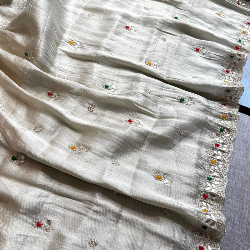Pure Khaddi Georgette Silk Saree with Pearl & Zardozi Embroidery
