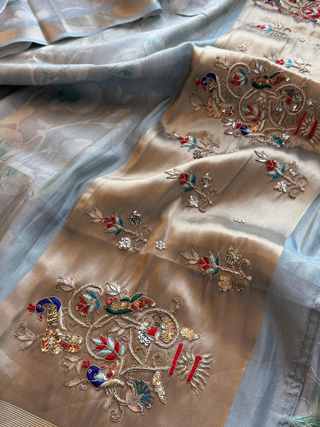 Soft Cosmo Munga Silk Banarasi Wedding Saree with Zardozi & Resham Work