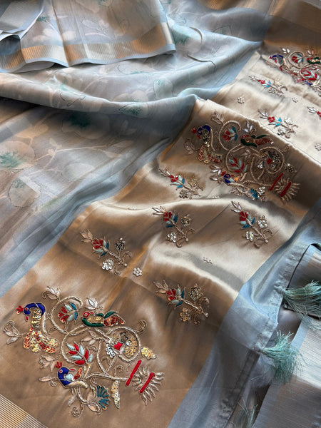 Soft Cosmo Munga Silk Banarasi Wedding Saree with Zardozi & Resham Work