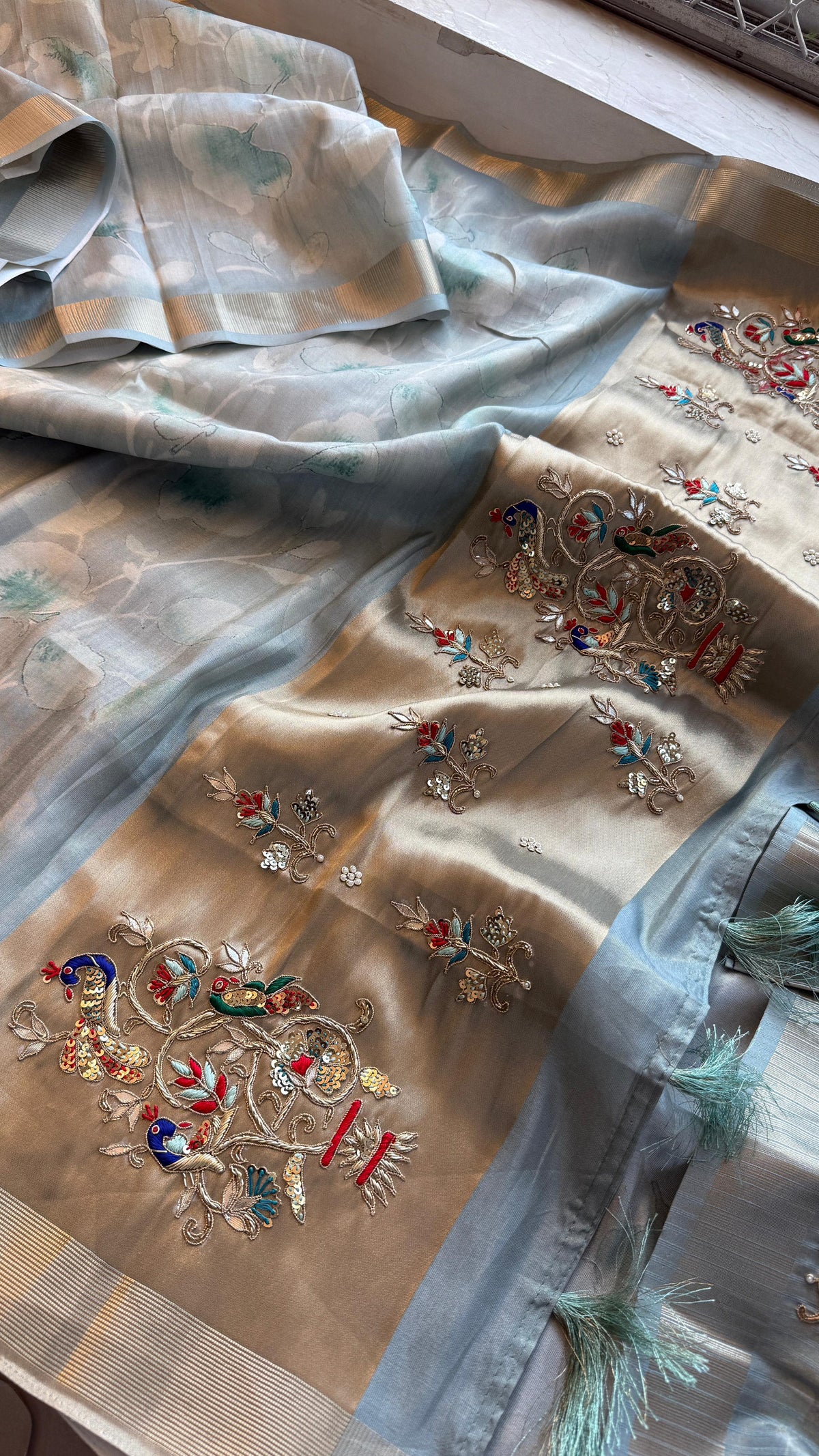 Soft Cosmo Munga Silk Banarasi Wedding Saree with Zardozi & Resham Work