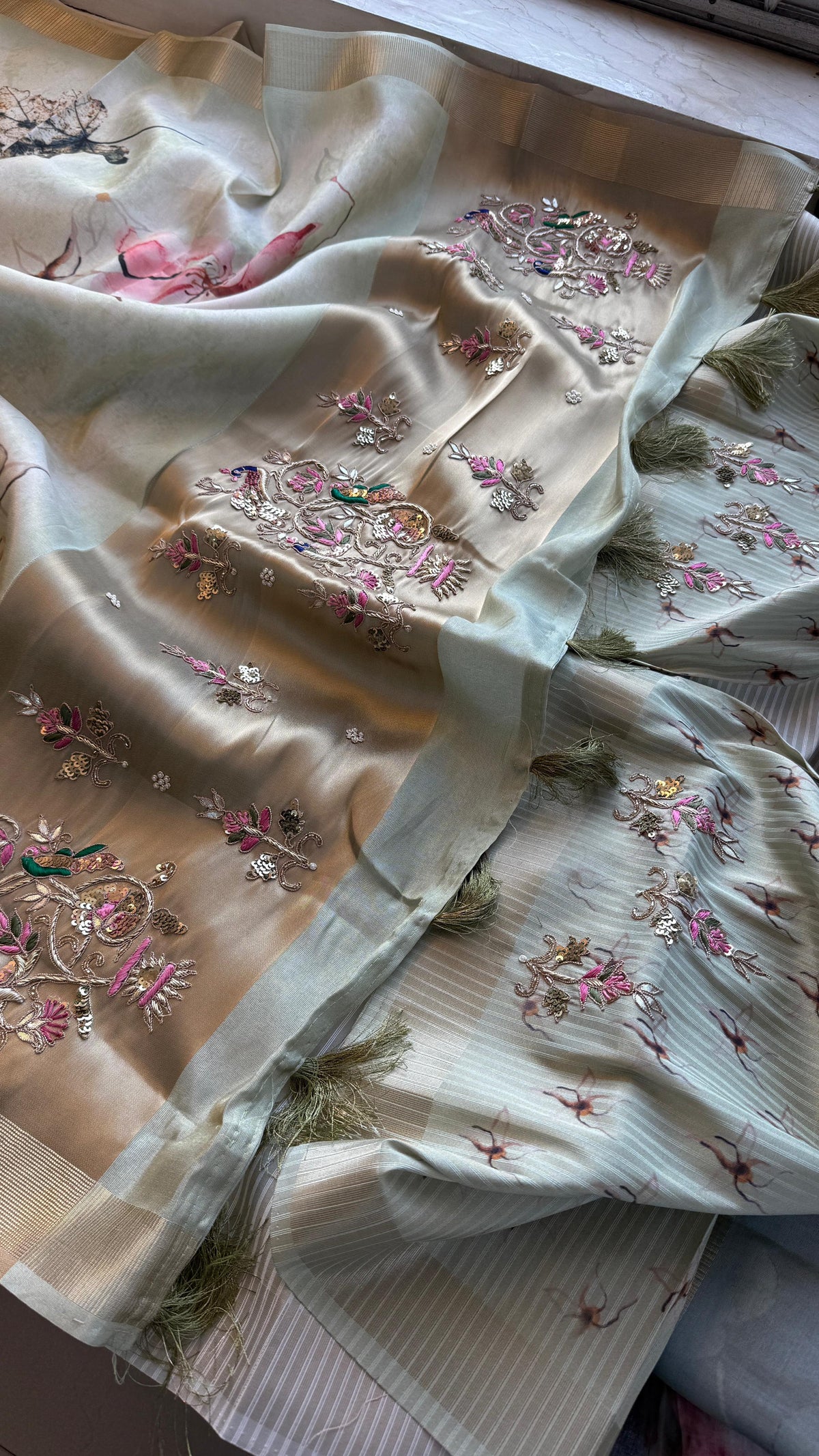Soft Cosmo Munga Silk Banarasi Wedding Saree with Zardozi & Resham Work