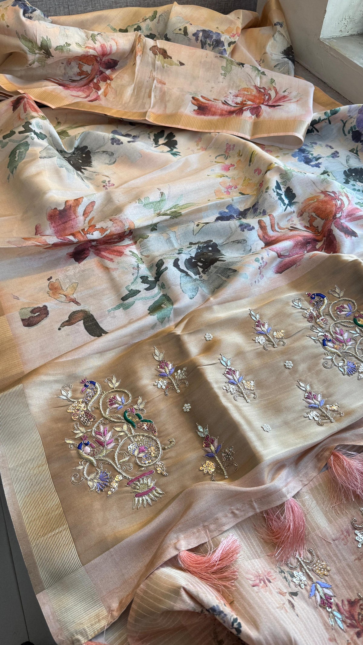 Soft Cosmo Munga Silk Banarasi Wedding Saree with Zardozi & Resham Work