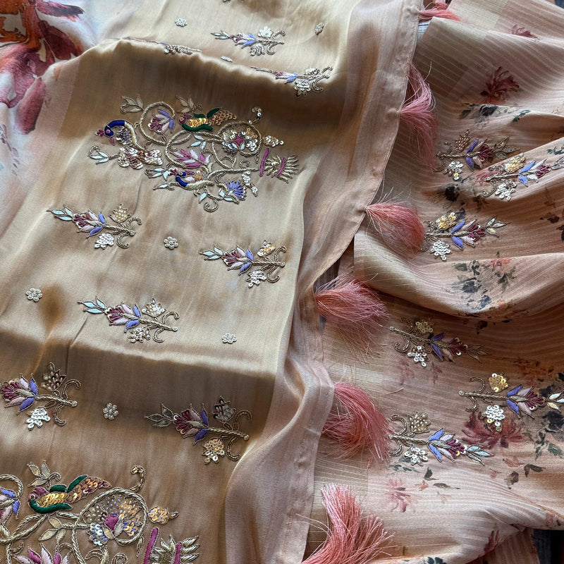 Soft Cosmo Munga Silk Banarasi Wedding Saree with Zardozi & Resham Work