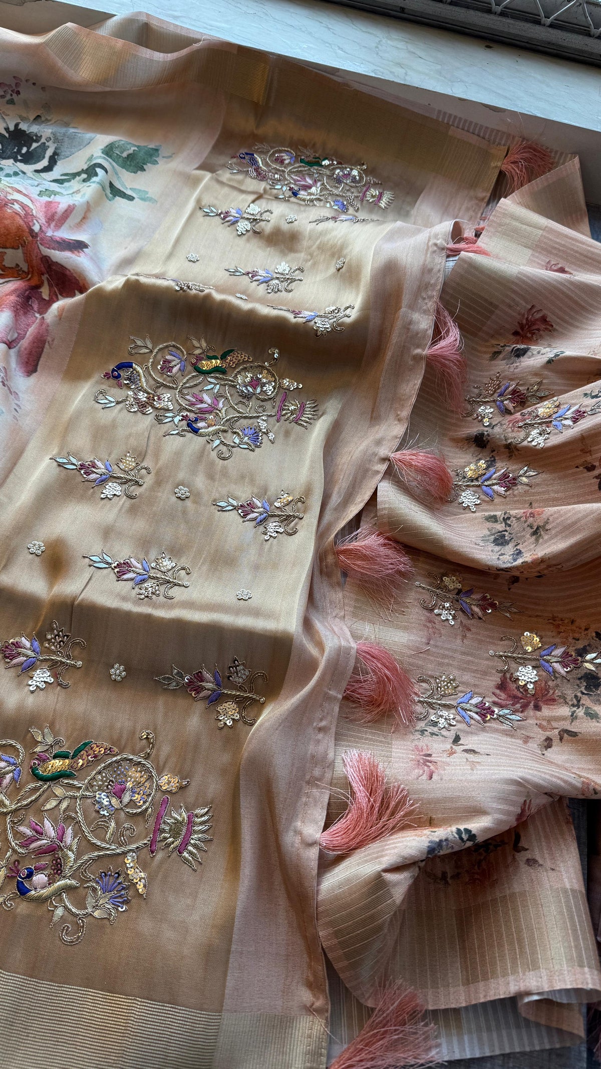 Soft Cosmo Munga Silk Banarasi Wedding Saree with Zardozi & Resham Work