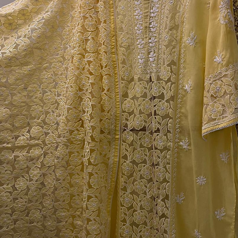 Mul Cotton Semi-Stitched Kurta Dupatta Set with Net Patch & Jaal Work