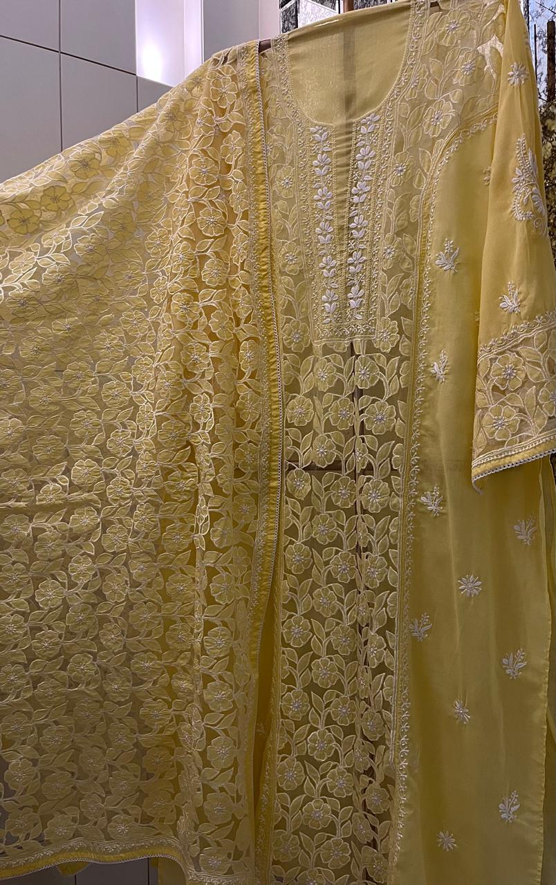 Mul Cotton Semi-Stitched Kurta Dupatta Set with Net Patch & Jaal Work