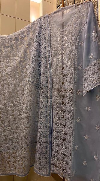 Mul Cotton Semi-Stitched Kurta Dupatta Set with Net Patch & Jaal Work