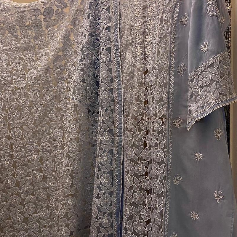 Mul Cotton Semi-Stitched Kurta Dupatta Set with Net Patch & Jaal Work