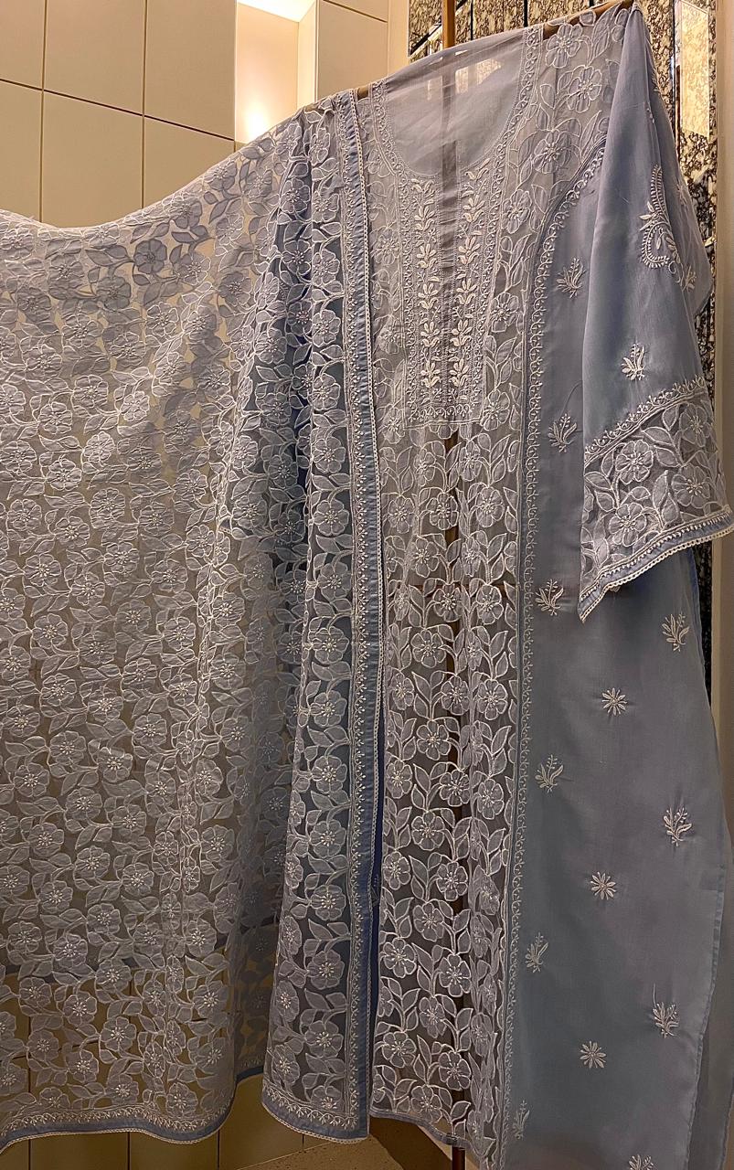 Mul Cotton Semi-Stitched Kurta Dupatta Set with Net Patch & Jaal Work