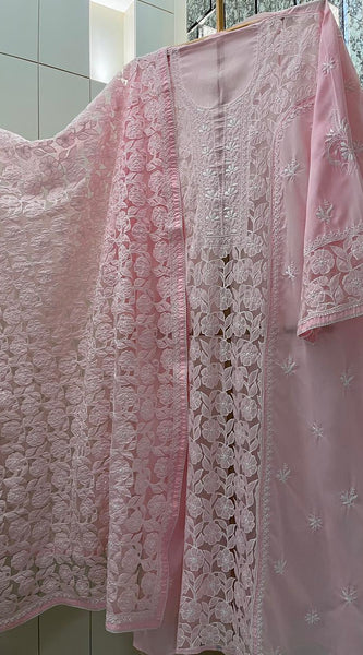 Mul Cotton Semi-Stitched Kurta Dupatta Set with Net Patch & Jaal Work