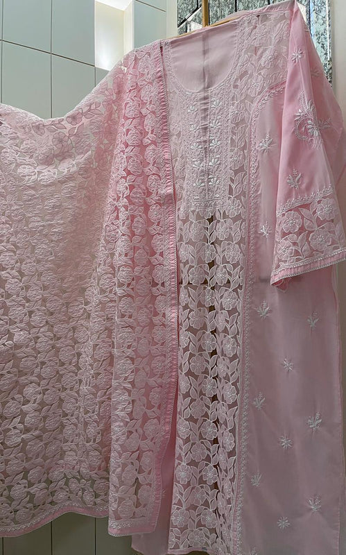 Mul Cotton Semi-Stitched Kurta Dupatta Set with Net Patch & Jaal Work