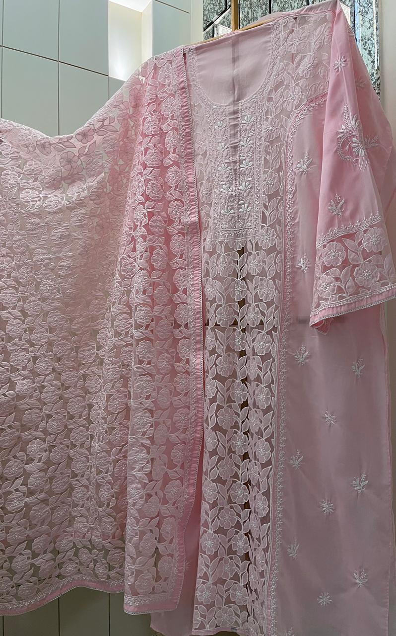 Mul Cotton Semi-Stitched Kurta Dupatta Set with Net Patch & Jaal Work