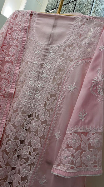 Mul Cotton Semi-Stitched Kurta Dupatta Set with Net Patch & Jaal Work