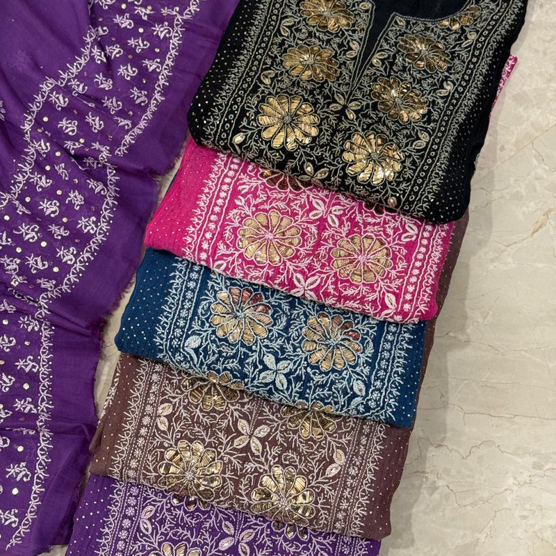 Mul Chanderi Anarkali Kurta Dupatta Set with Elegant Mukaish Work