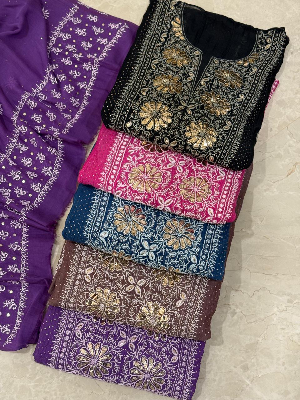 Mul Chanderi Anarkali Kurta Dupatta Set with Elegant Mukaish Work