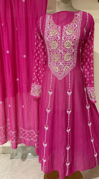 Mul Chanderi Anarkali Kurta Dupatta Set with Elegant Mukaish Work