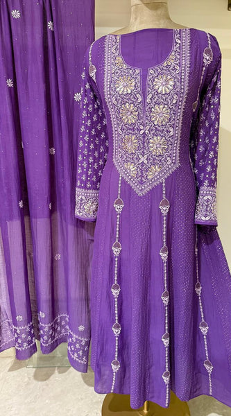 Mul Chanderi Anarkali Kurta Dupatta Set with Elegant Mukaish Work