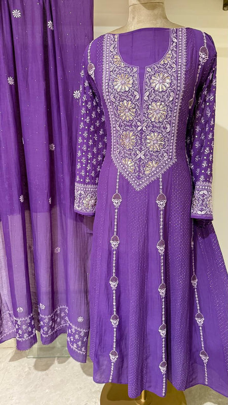 Mul Chanderi Anarkali Kurta Dupatta Set with Elegant Mukaish Work